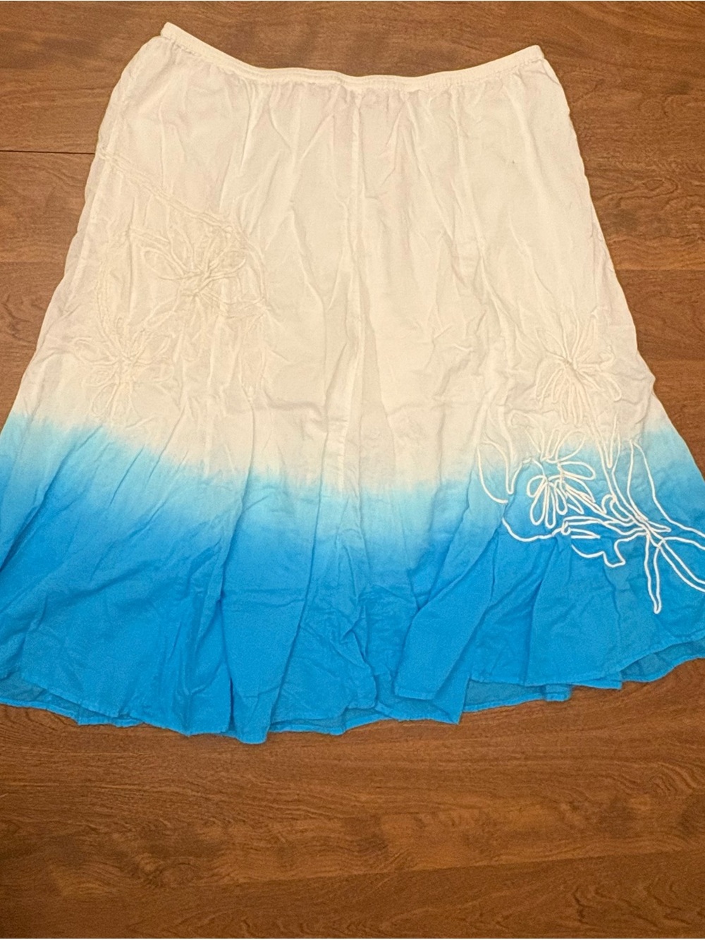 Style & Co. White to Blue Ombre Midi Skirt with Embroidered Floral Detail
